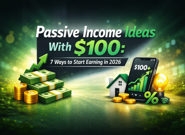 Passive income ideas with $100 showing money stacks, coins, and a smartphone with growth chart for earning in 2026