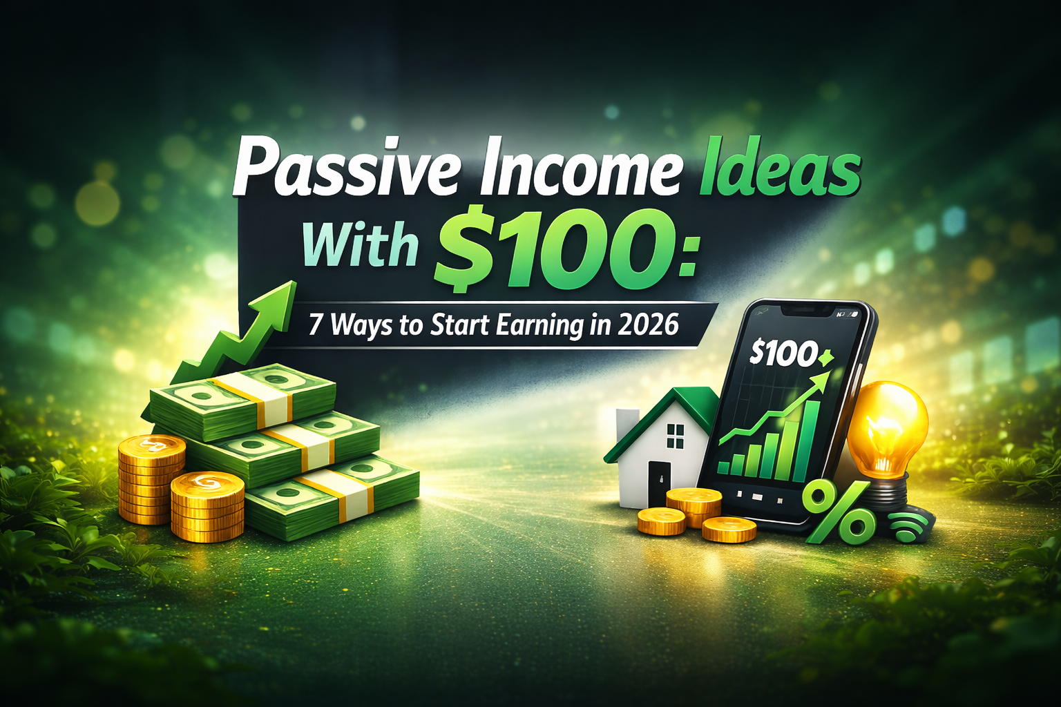 Passive income ideas with $100 showing money stacks, coins, and a smartphone with growth chart for earning in 2026