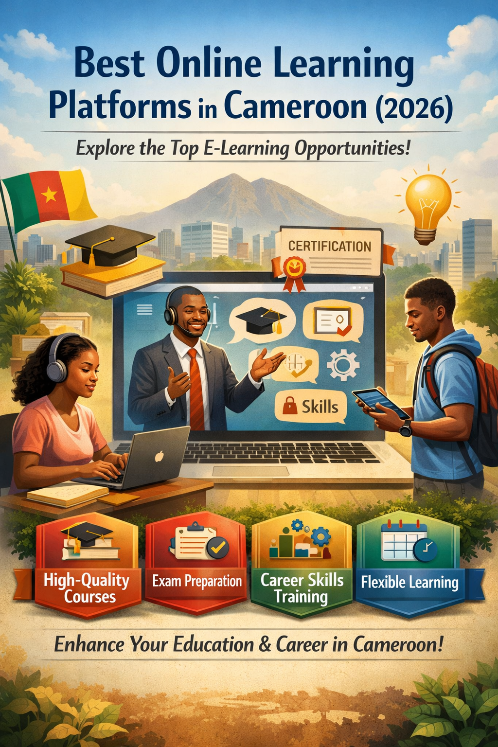 Best Online Learning Platforms in Cameroon in 2026 showing students using laptops and tablets, teacher on screen, icons for certification, exam preparation, and career skills, highlighting flexible online learning opportunities in Cameroon.