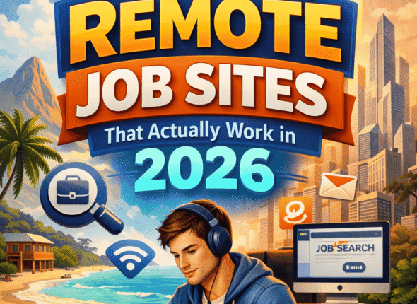 Illustration for “15 Best Remote Job Sites That Actually Work in 2026” showing a remote worker using a laptop with digital job search icons and a futuristic city and beach background.