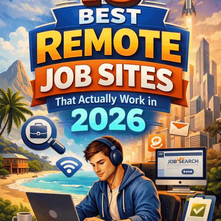 Illustration for “15 Best Remote Job Sites That Actually Work in 2026” showing a remote worker using a laptop with digital job search icons and a futuristic city and beach background.