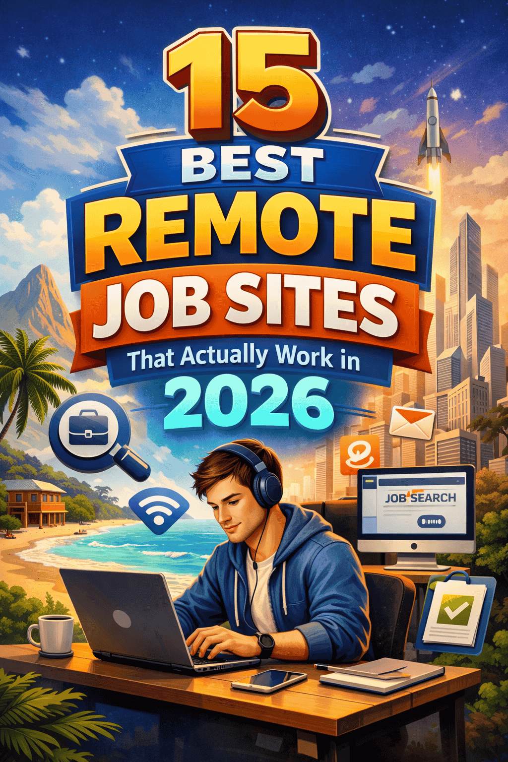Illustration for “15 Best Remote Job Sites That Actually Work in 2026” showing a remote worker using a laptop with digital job search icons and a futuristic city and beach background.