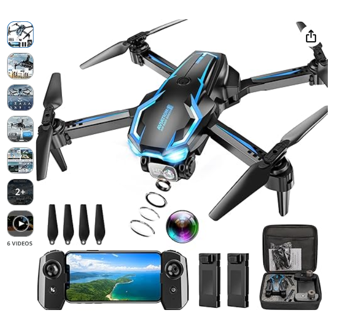 Foldable 2K HD FPV drone with camera, altitude hold, one-key takeoff and landing, headless mode, dual batteries, and portable beginner-friendly design.