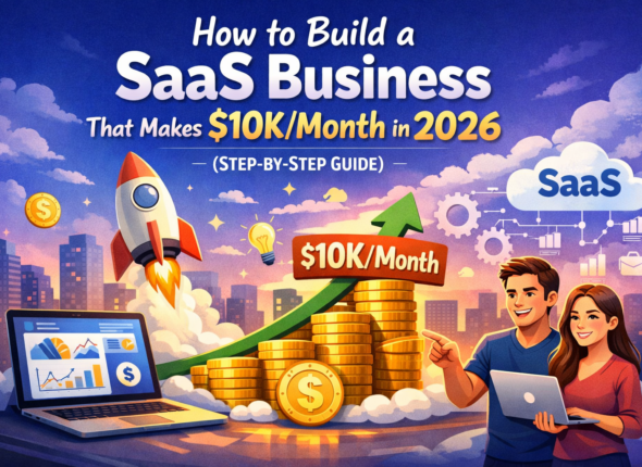 Illustrated SaaS business growth banner showing “How to Build a SaaS Business That Makes $10K/Month in 2026,” with a rocket launch, laptop analytics dashboard, rising money graph, stacked coins, and two entrepreneurs pointing at growth charts against a city skyline.