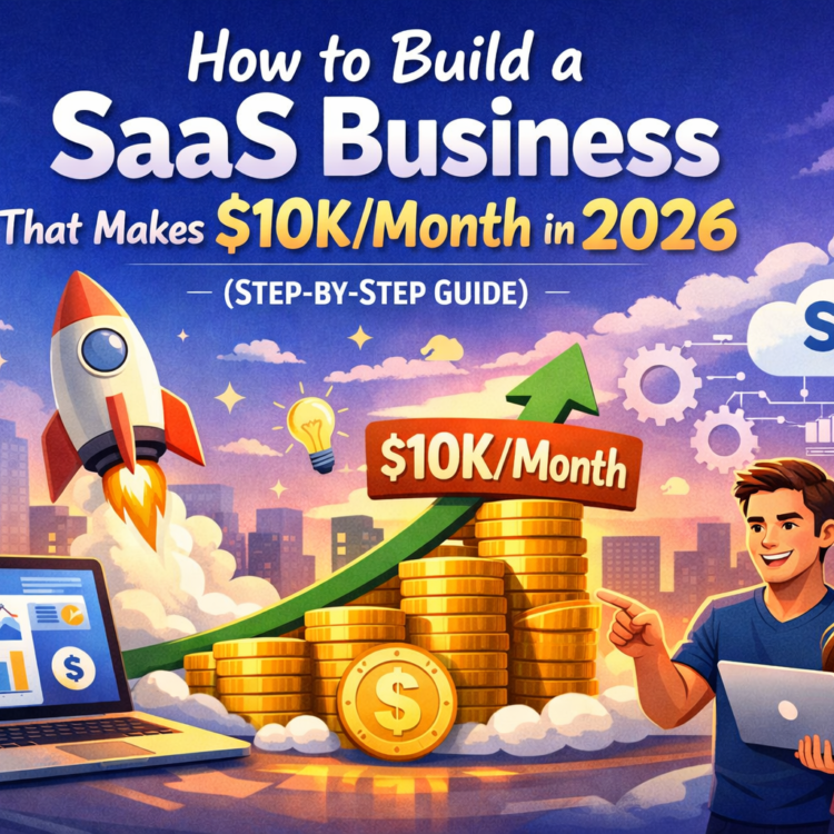 Illustrated SaaS business growth banner showing “How to Build a SaaS Business That Makes $10K/Month in 2026,” with a rocket launch, laptop analytics dashboard, rising money graph, stacked coins, and two entrepreneurs pointing at growth charts against a city skyline.
