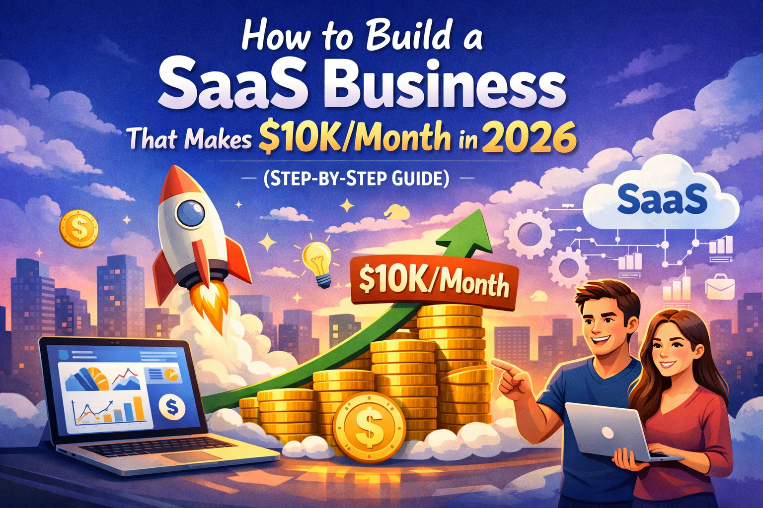 Illustrated SaaS business growth banner showing “How to Build a SaaS Business That Makes $10K/Month in 2026,” with a rocket launch, laptop analytics dashboard, rising money graph, stacked coins, and two entrepreneurs pointing at growth charts against a city skyline.