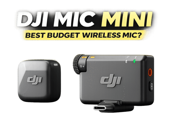 DJI Mic Mini wireless lavalier microphone with transmitter and receiver on clean background