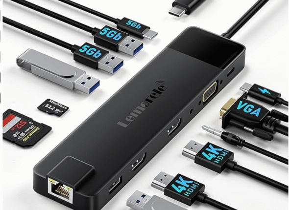 Lemorele 13-in-1 USB-C docking station with multiple connectivity ports including dual HDMI, VGA, RJ45 Ethernet, USB ports, SD/TF card slots, and audio jack, shown with compatible cables and accessories.