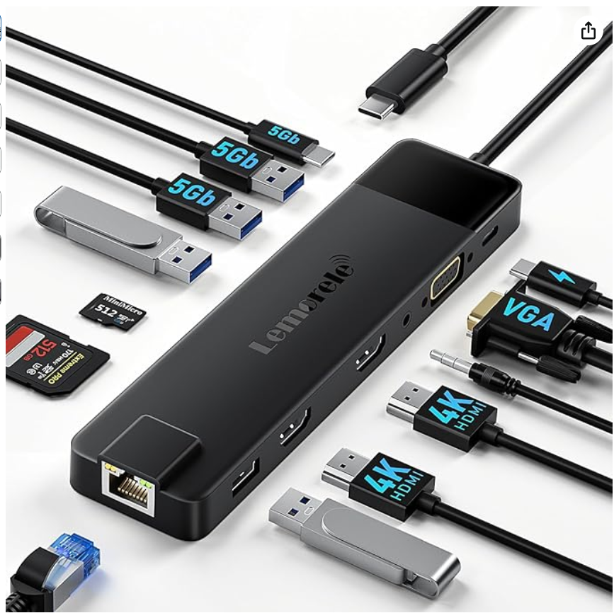 Lemorele 13-in-1 USB-C docking station with multiple connectivity ports including dual HDMI, VGA, RJ45 Ethernet, USB ports, SD/TF card slots, and audio jack, shown with compatible cables and accessories.