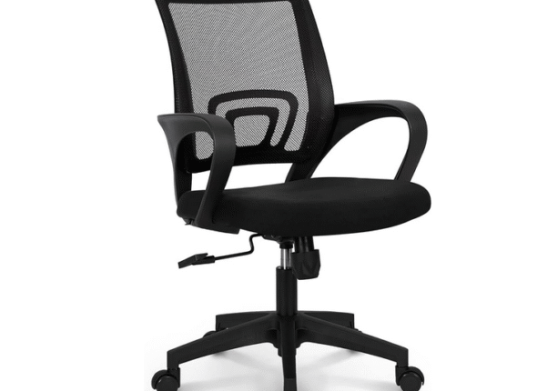 Black ergonomic NEO CHAIR office desk computer chair with breathable mesh back, lumbar support, adjustable height, swivel base, and rolling wheels.