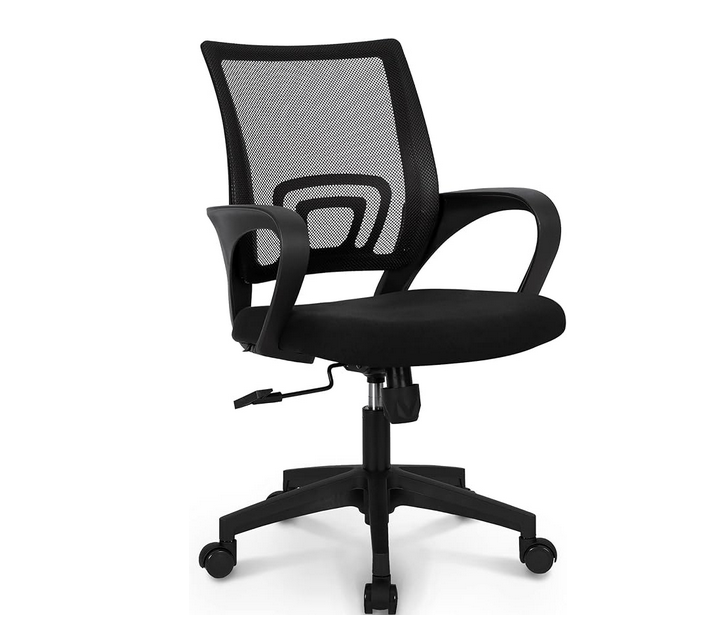Black ergonomic NEO CHAIR office desk computer chair with breathable mesh back, lumbar support, adjustable height, swivel base, and rolling wheels.