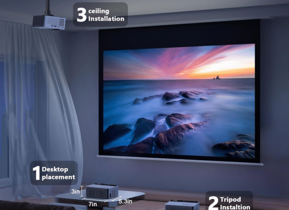 TMY 1080P Full HD portable mini projector with Bluetooth, screen included, compatible with smartphone, TV stick, HDMI, and USB.