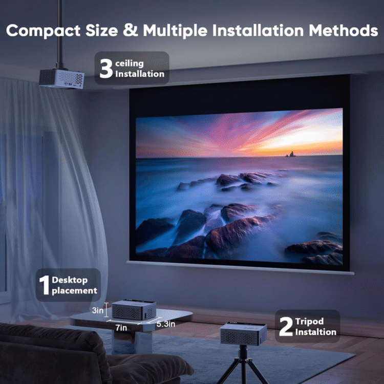 TMY 1080P Full HD portable mini projector with Bluetooth, screen included, compatible with smartphone, TV stick, HDMI, and USB.