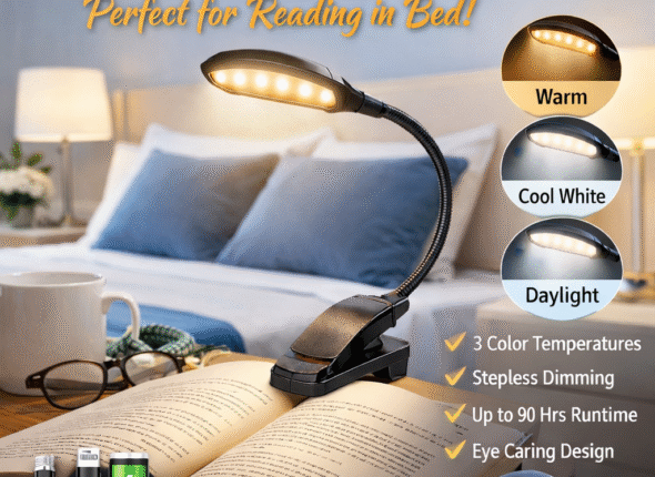 Gritin 19 LED rechargeable book light clipped to an open book in a bright modern bedroom with adjustable lighting modes