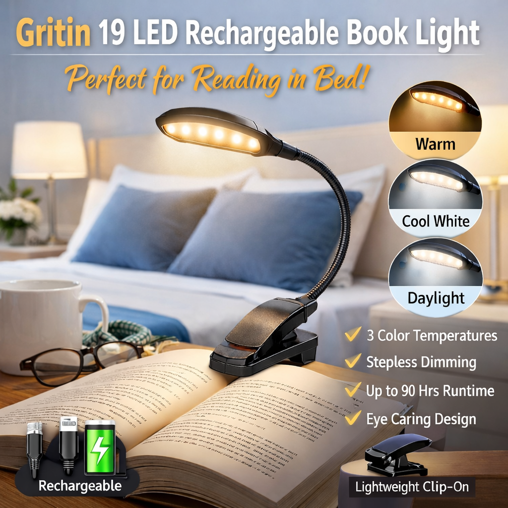 Gritin 19 LED rechargeable book light clipped to an open book in a bright modern bedroom with adjustable lighting modes