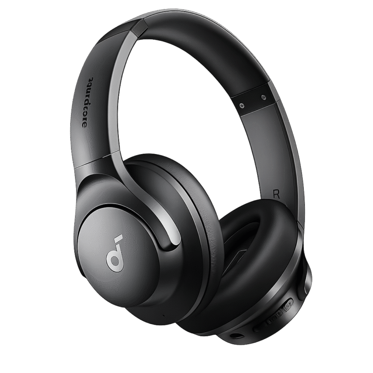 Soundcore by Anker Q20i Hybrid Active Noise Cancelling over-ear headphones in black, wireless Bluetooth, with cushioned ear cups and adjustable headband.