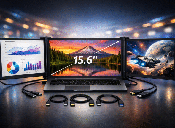 15.6-inch portable laptop screen extender attached to a laptop, creating a triple-monitor setup with dual side displays, shown with USB-C and HDMI cables, isolated on transparent background.