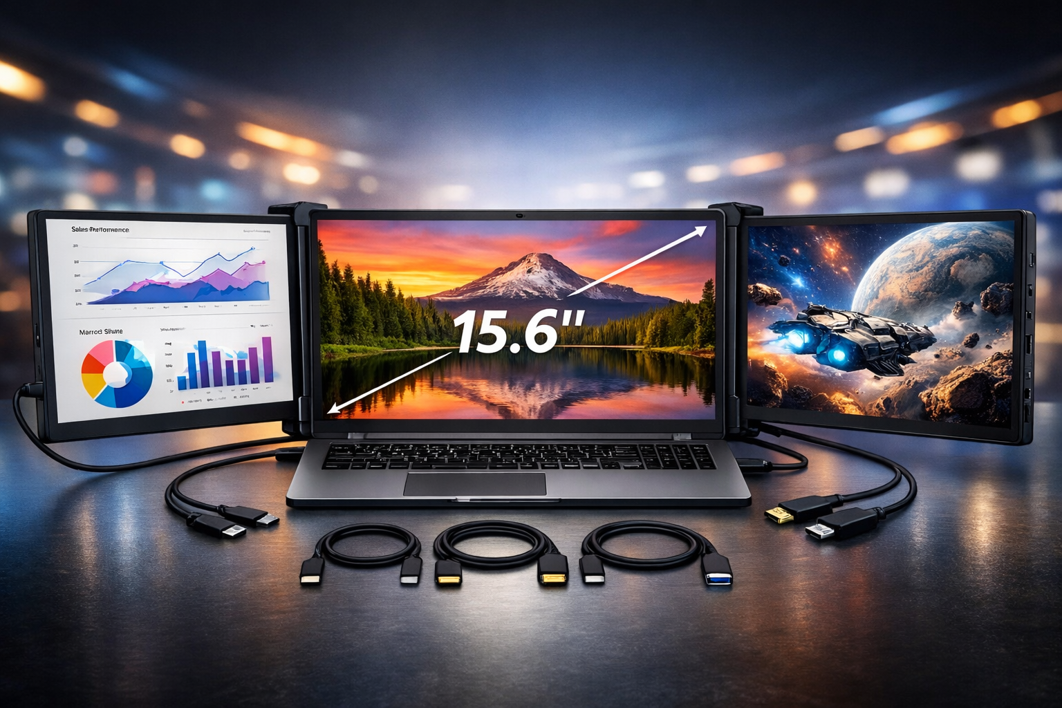 15.6-inch portable laptop screen extender attached to a laptop, creating a triple-monitor setup with dual side displays, shown with USB-C and HDMI cables, isolated on transparent background.