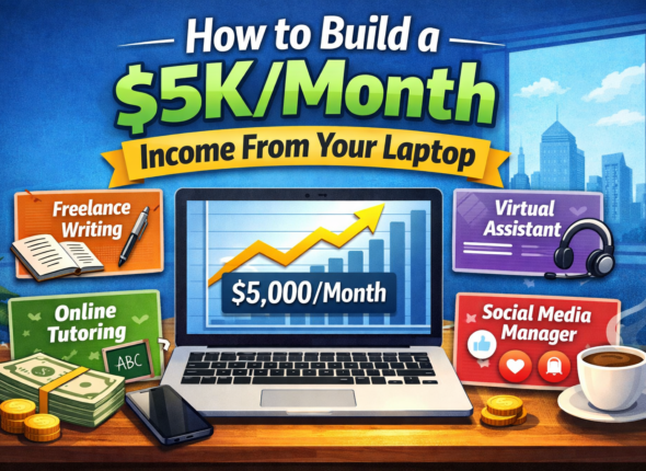 Laptop displaying $5,000 monthly online income chart with remote jobs including freelance writing, virtual assistant, online tutoring, and social media management for work from home income ideas.