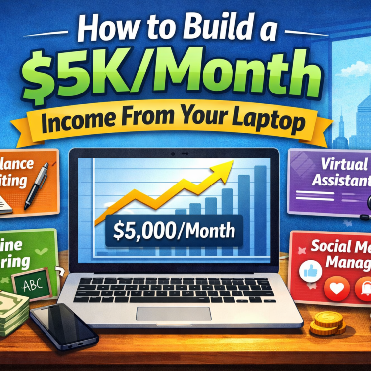 Laptop displaying $5,000 monthly online income chart with remote jobs including freelance writing, virtual assistant, online tutoring, and social media management for work from home income ideas.
