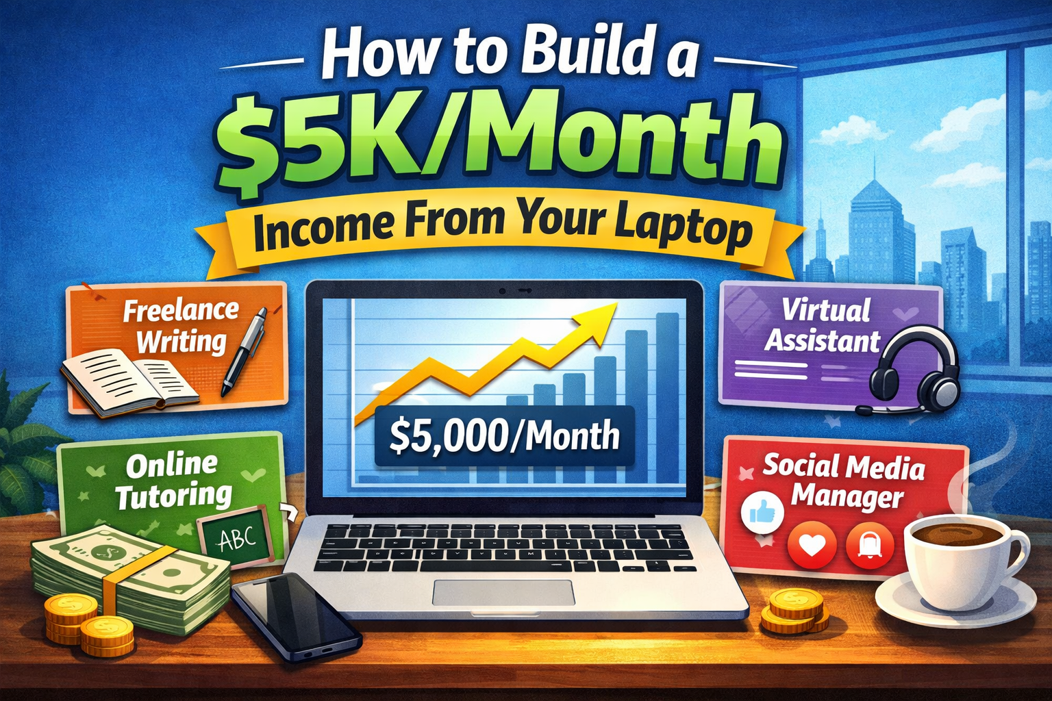 Laptop displaying $5,000 monthly online income chart with remote jobs including freelance writing, virtual assistant, online tutoring, and social media management for work from home income ideas.