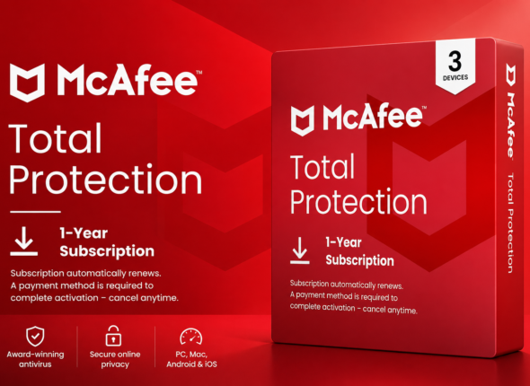 McAfee Total Protection 1-year subscription product box on a bright red background with enhanced lighting and glossy 3D presentation.