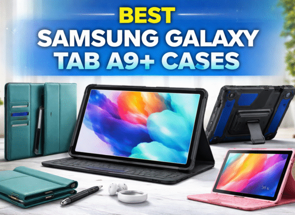 Samsung Galaxy Tab A9+ in sleek black case surrounded by stylish protective cases – best cases for students