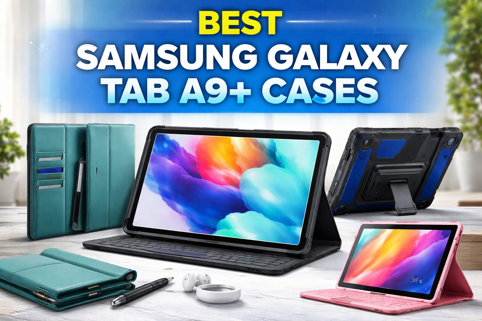 Samsung Galaxy Tab A9+ in sleek black case surrounded by stylish protective cases – best cases for students