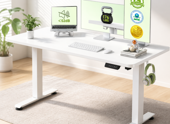 Veken 55 Inch Large Electric Standing Desk in white with adjustable height, dual monitor setup, and modern home office workspace