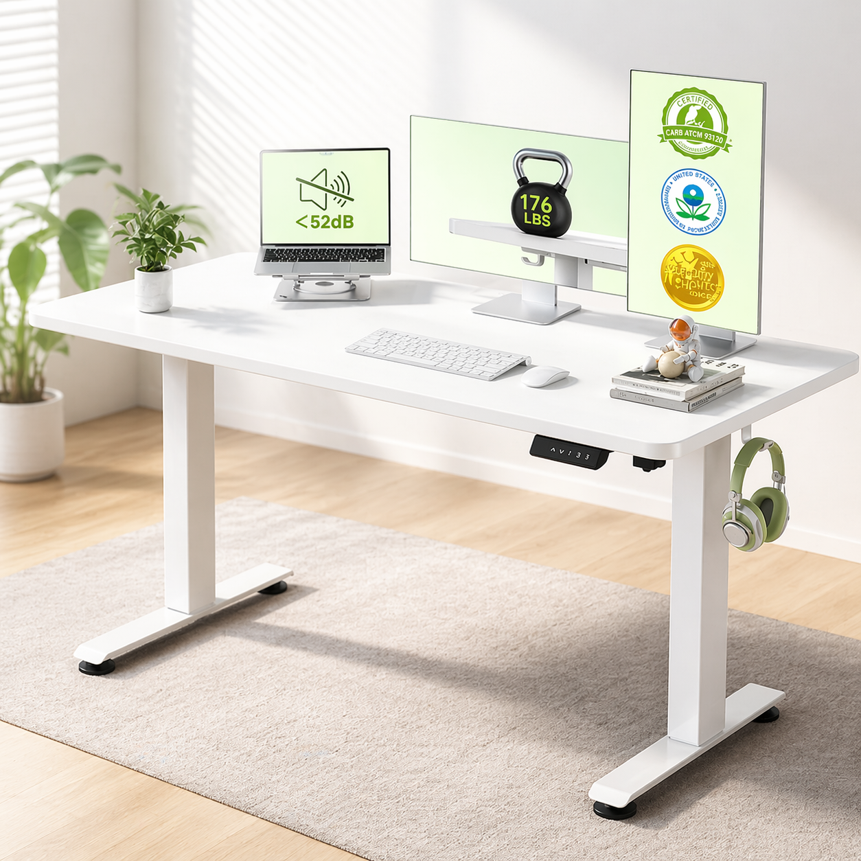 Veken 55 Inch Large Electric Standing Desk in white with adjustable height, dual monitor setup, and modern home office workspace