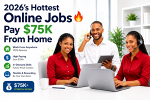 Three professionals working on laptops in a bright home-office setting, representing high-paying online jobs in 2026 that offer $75K remote income opportunities.