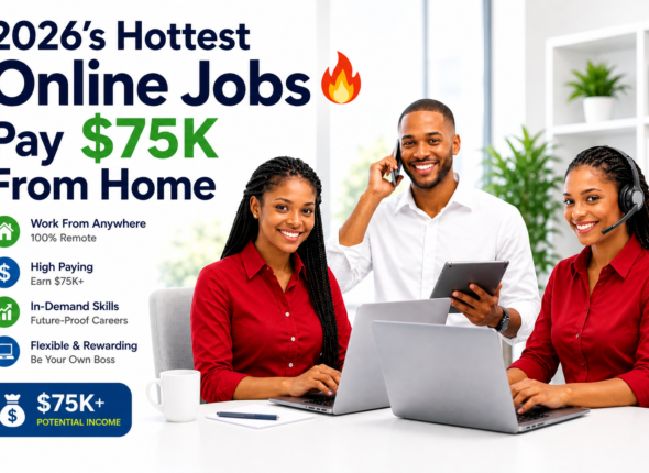 Three professionals working on laptops in a bright home-office setting, representing high-paying online jobs in 2026 that offer $75K remote income opportunities.