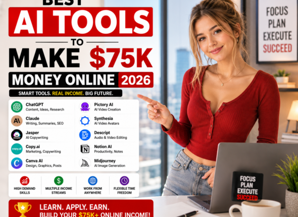 best AI tools to make $75K money online in 2026 while working in a modern office setup with professional business branding and online income strategies.