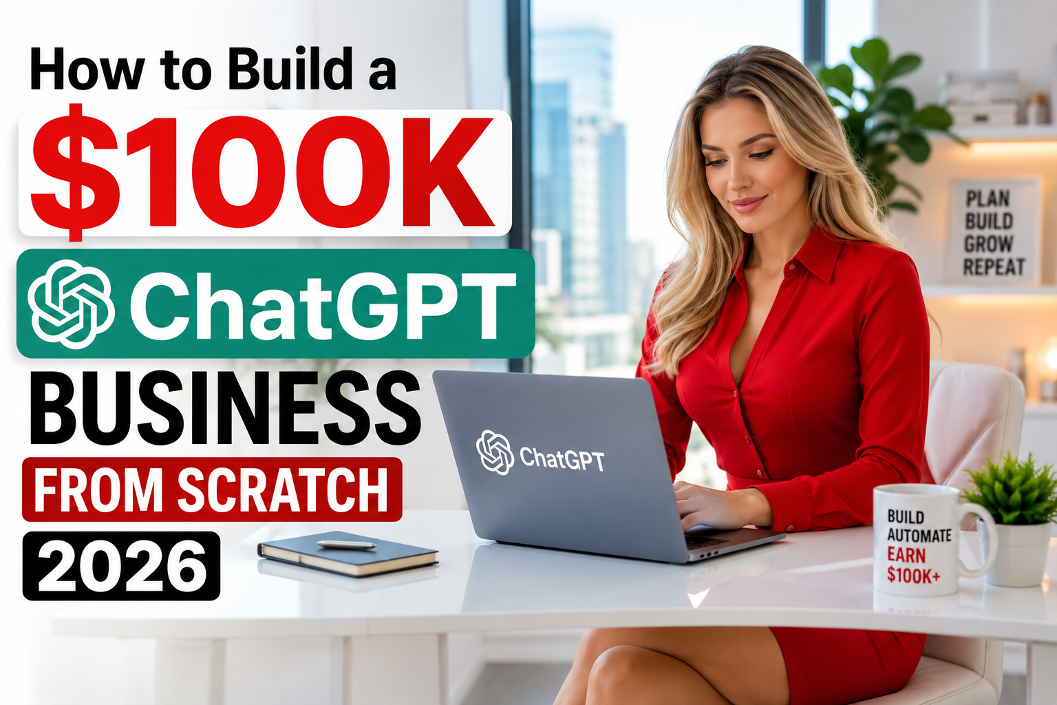 A smiling professional woman in a red office outfit works on a laptop with ChatGPT displayed on screen in a bright modern office. Bold text reads “How to Build a $100K ChatGPT Business From Scratch 2026” with a clean entrepreneurial workspace and city skyline background.