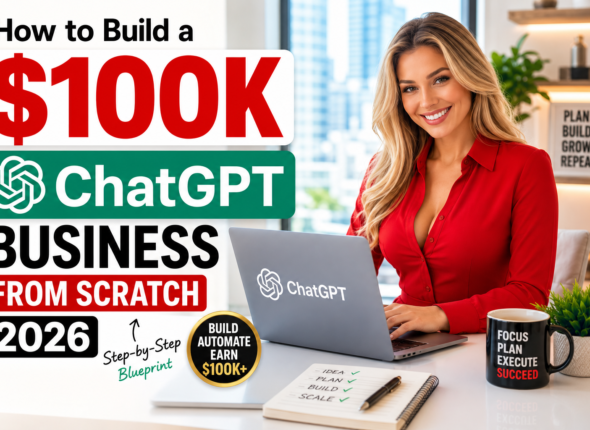 A smiling professional woman in a red office outfit works on a laptop with ChatGPT displayed on screen in a bright modern office. Bold text reads “How to Build a $100K ChatGPT Business From Scratch 2026” with a clean entrepreneurial workspace and city skyline background.