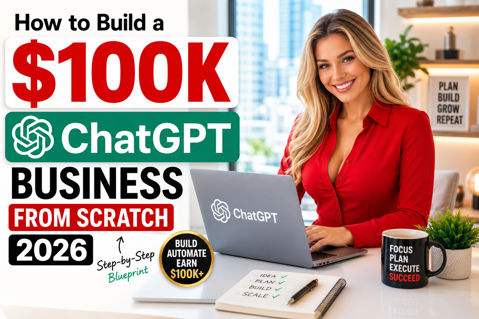 A smiling professional woman in a red office outfit works on a laptop with ChatGPT displayed on screen in a bright modern office. Bold text reads “How to Build a $100K ChatGPT Business From Scratch 2026” with a clean entrepreneurial workspace and city skyline background.