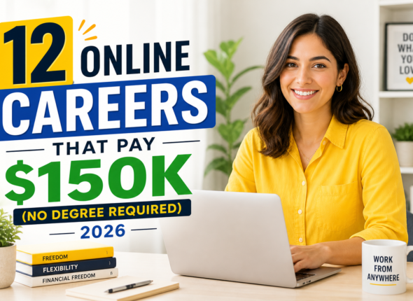 Smiling woman in yellow shirt working on laptop in bright home office with text “12 Online Careers That Pay $150K No Degree Required 2026”