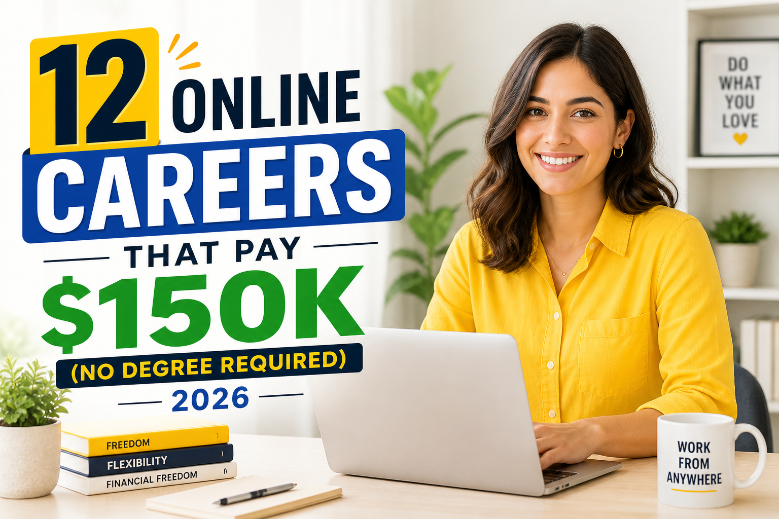 Smiling woman in yellow shirt working on laptop in bright home office with text “12 Online Careers That Pay $150K No Degree Required 2026”