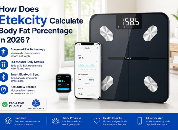 Professional feature image showing the Etekcity smart body weight scale with Bluetooth connectivity, smartphone app integration, and body composition tracking in a bright modern setting. The graphic highlights body fat percentage calculation, BMI, muscle mass tracking, and smart health monitoring technology for 2026.