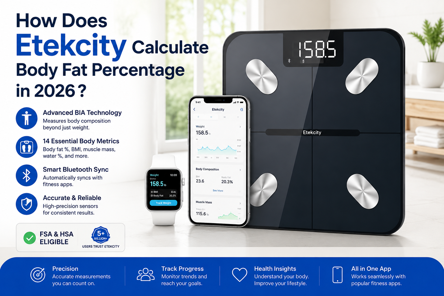 Professional feature image showing the Etekcity smart body weight scale with Bluetooth connectivity, smartphone app integration, and body composition tracking in a bright modern setting. The graphic highlights body fat percentage calculation, BMI, muscle mass tracking, and smart health monitoring technology for 2026.
