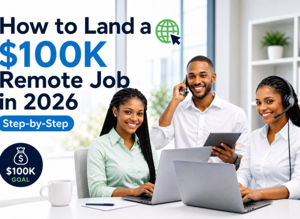 A bold social media graphic with the text “Land 100K Jobs in 2026” in large modern typography, symbolizing career growth, ambition, and high-income opportunities in the evolving job market.