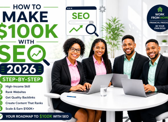 Four professionals working on laptops in a bright office, illustrating a step-by-step guide to making $100K with SEO in 2026.