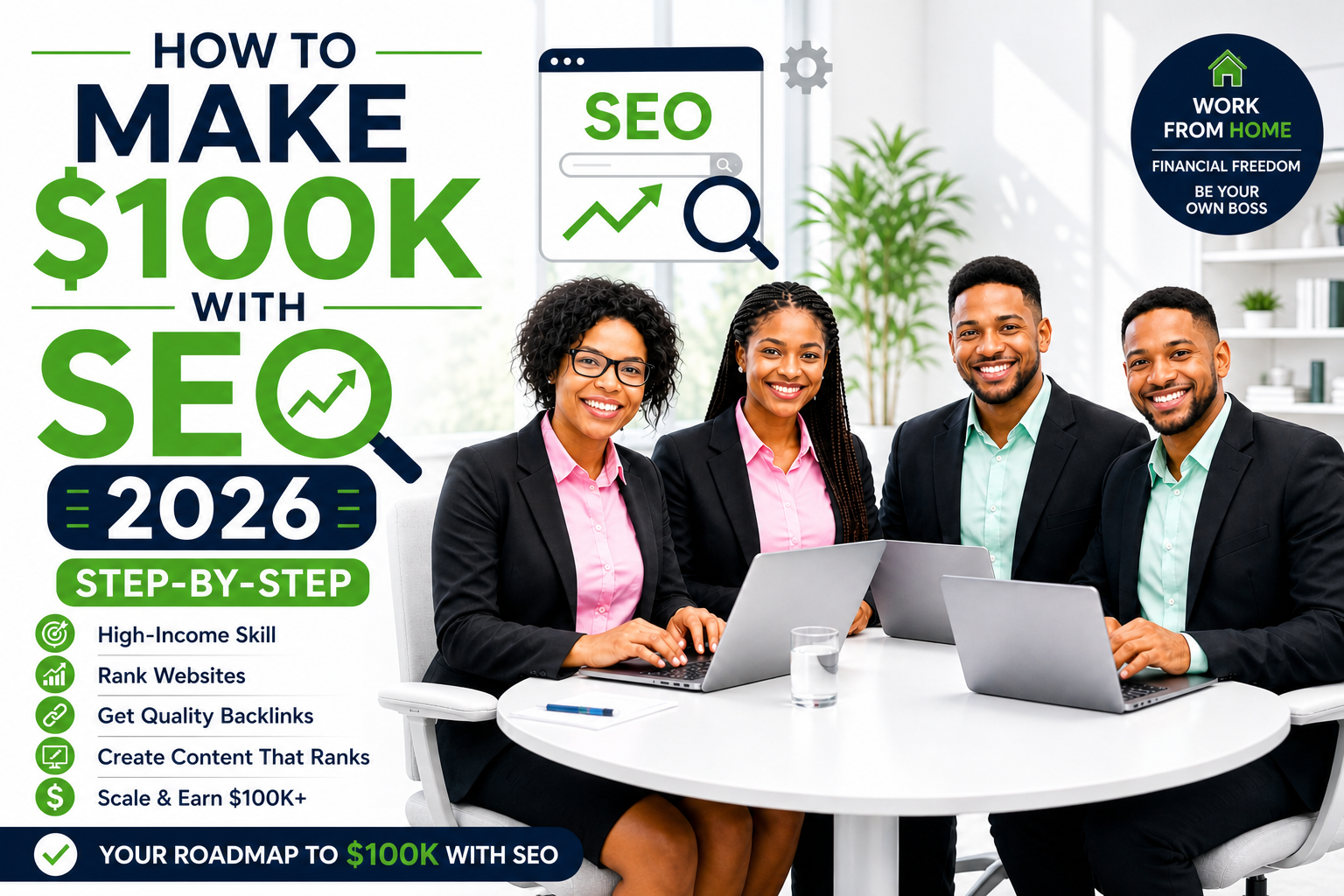 Four professionals working on laptops in a bright office, illustrating a step-by-step guide to making $100K with SEO in 2026.