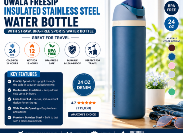 Owala FreeSip insulated stainless steel water bottle in denim blue color with straw, BPA-free leak-proof sports water bottle for travel, gym, office, and outdoor adventures.