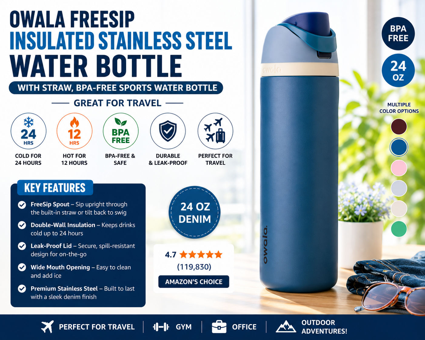 Owala FreeSip insulated stainless steel water bottle in denim blue color with straw, BPA-free leak-proof sports water bottle for travel, gym, office, and outdoor adventures.