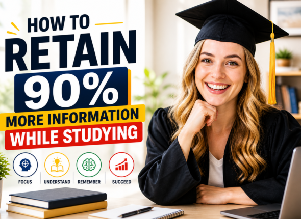 Smiling female graduate in cap and gown sitting at a desk in a bright professional study environment with text “How to Retain 90% More Information While Studying”