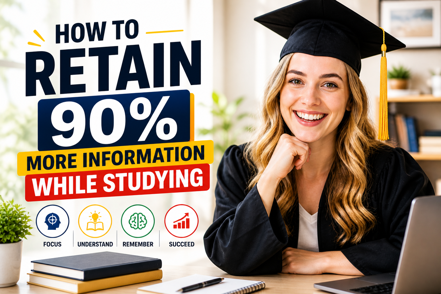 Smiling female graduate in cap and gown sitting at a desk in a bright professional study environment with text “How to Retain 90% More Information While Studying”