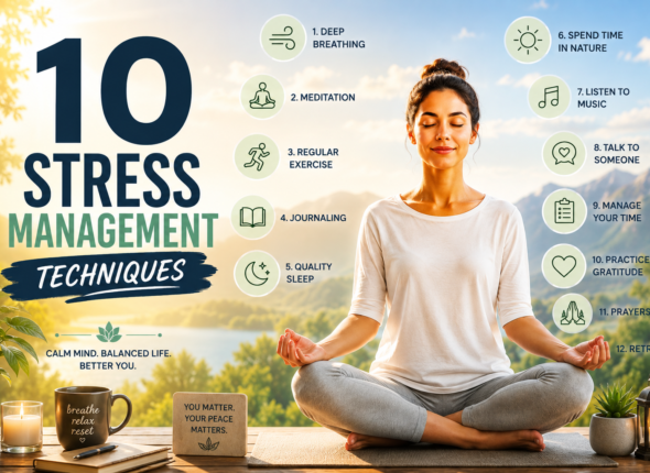 A bright wellness-themed infographic featuring a calm woman meditating outdoors with warm natural sunlight and mountain scenery in the background. The poster highlights 12 stress management techniques including deep breathing, meditation, exercise, journaling, quality sleep, spending time in nature, listening to music, talking to someone, time management, gratitude, prayers, and retreat.