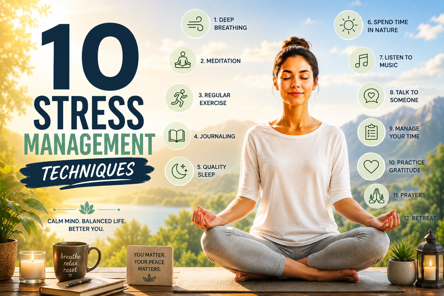 A bright wellness-themed infographic featuring a calm woman meditating outdoors with warm natural sunlight and mountain scenery in the background. The poster highlights 12 stress management techniques including deep breathing, meditation, exercise, journaling, quality sleep, spending time in nature, listening to music, talking to someone, time management, gratitude, prayers, and retreat.