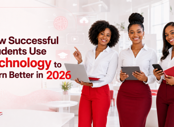Three smiling Black female students in smart red-and-white outfits using a laptop, tablet, smartphone, and notebook in a bright digital-learning environment.